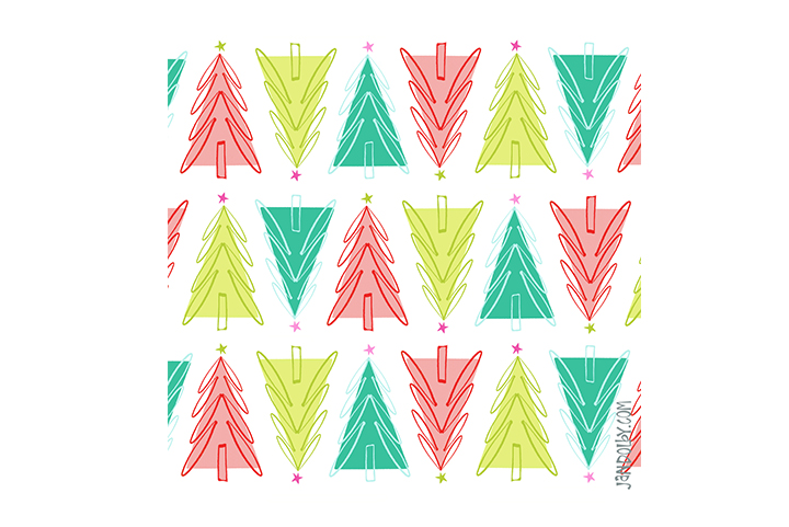 surface pattern of colourful illustrated Christmas trees