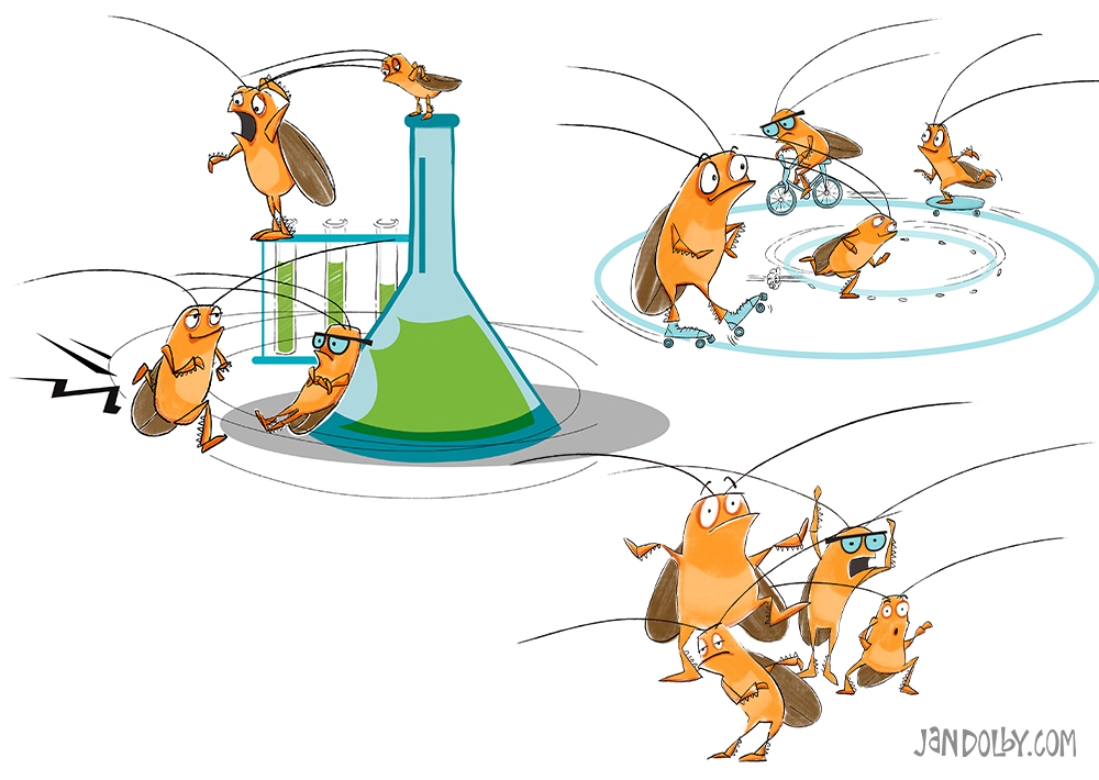 illustrations of cockroaches in a science lab