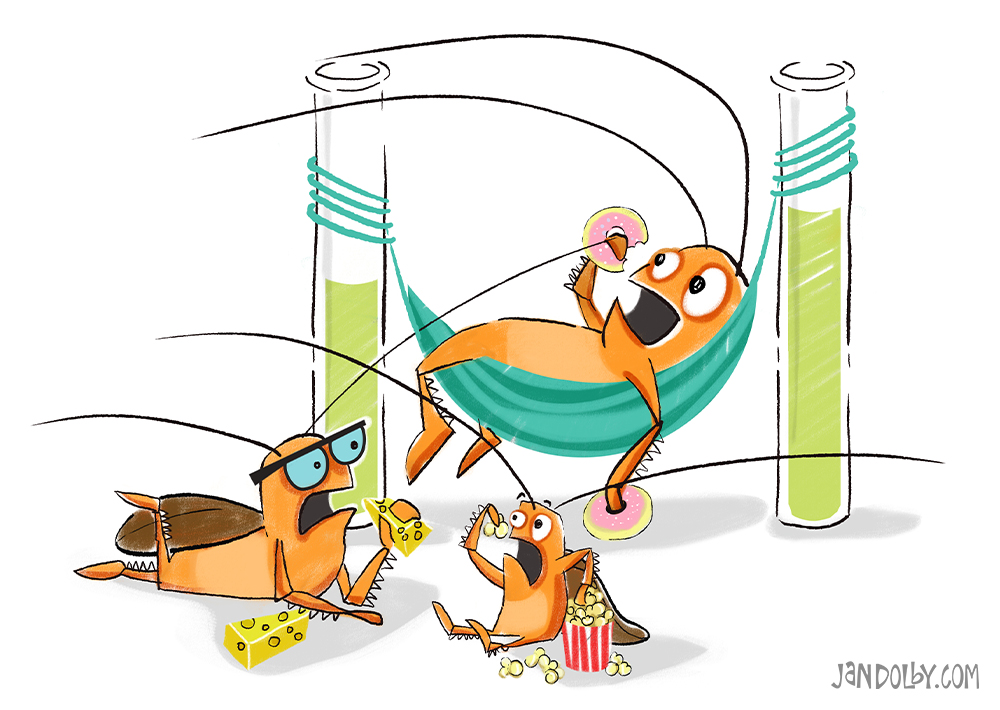 illustration of cockroaches relaxing in a science lab