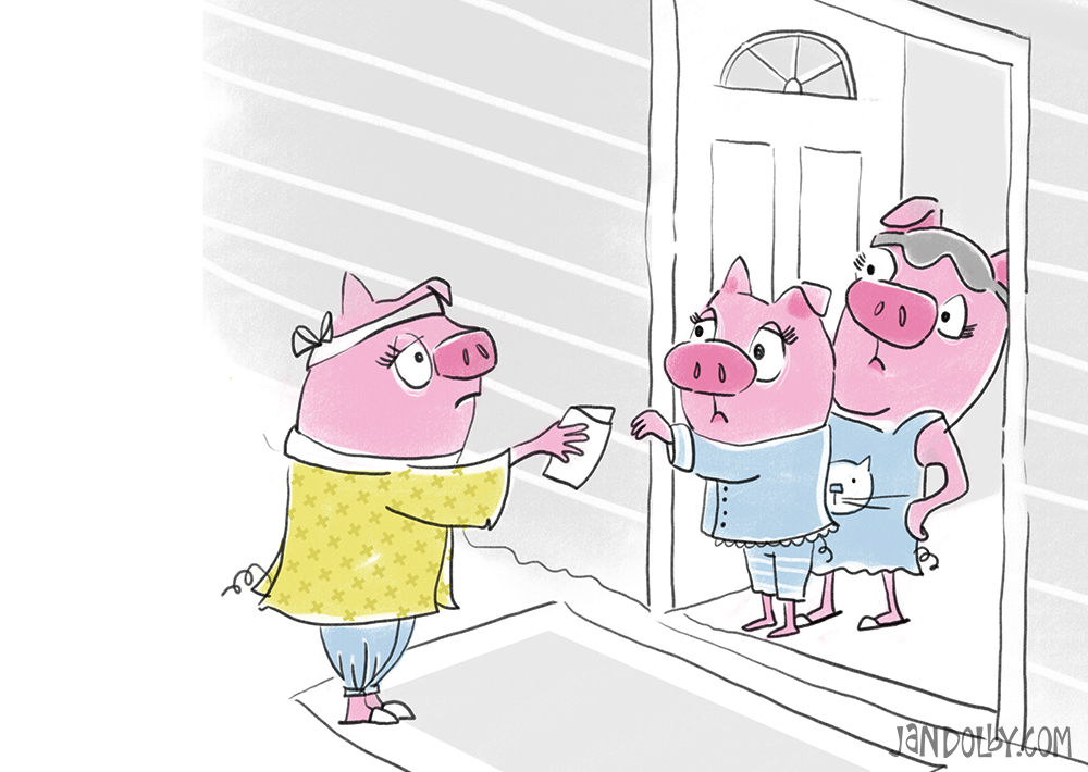 a pig handing friends a birthday invitation illustration