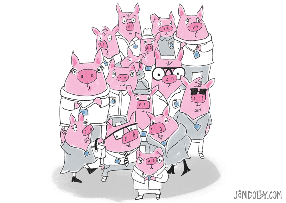 an illustration of a large group of pink pigs in clothing