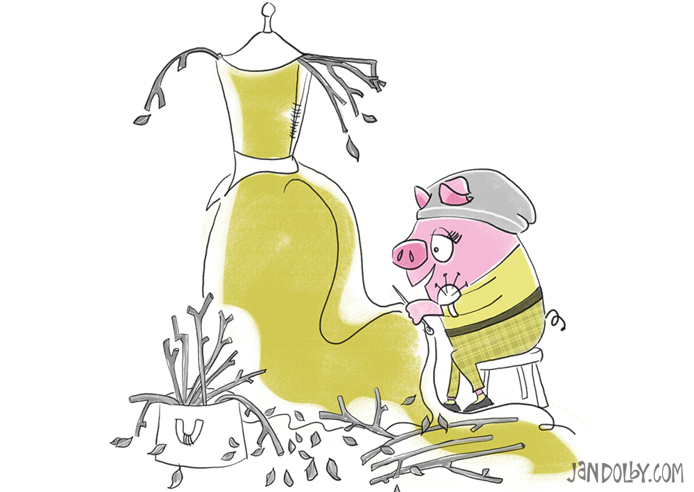 a pig sewing a fancy dress made of twigs and leaves