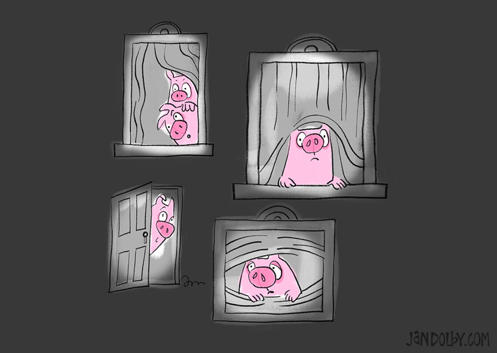 a nighttime illustration of worried pigs looking out apartment windows