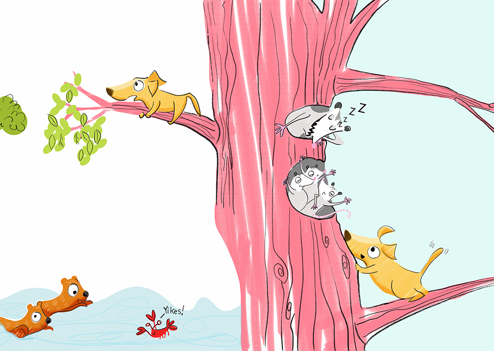 illustration of a yellow dog in a tree talking to a cardinal and some possums