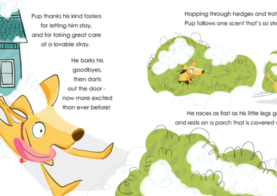 illustrations of a yellow dog on the run in the snow