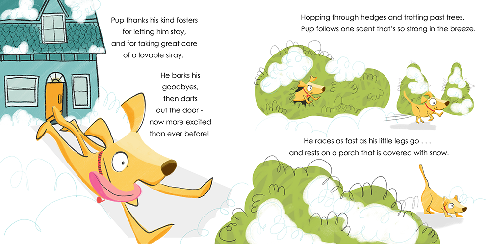 illustrations of a yellow dog on the run in the snow