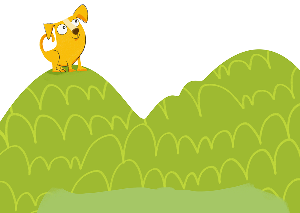 illustration of a yellow dog standing on top of a green hill