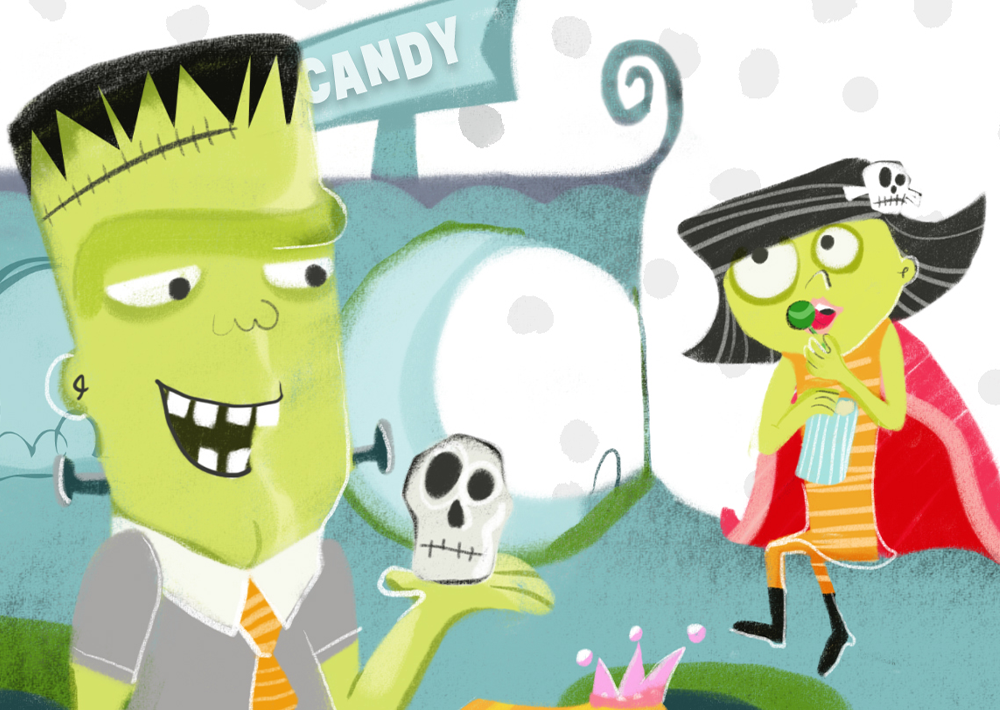 illustration of Frankenstein holding a skull and a vampire girl eating a lollipop