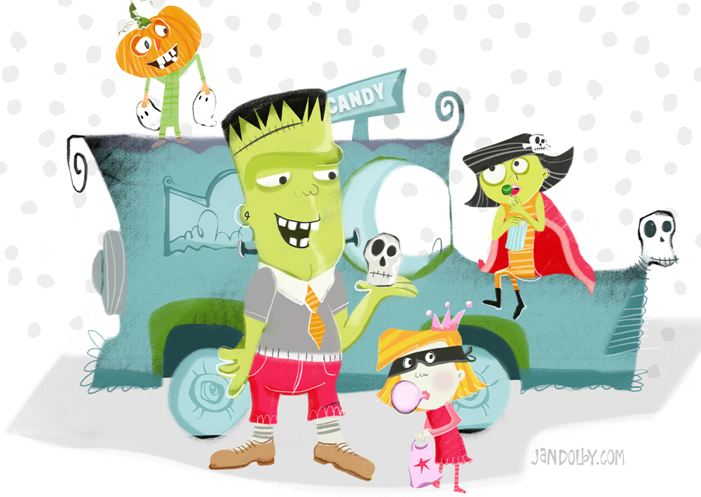 illustration of halloween characters at a candy car