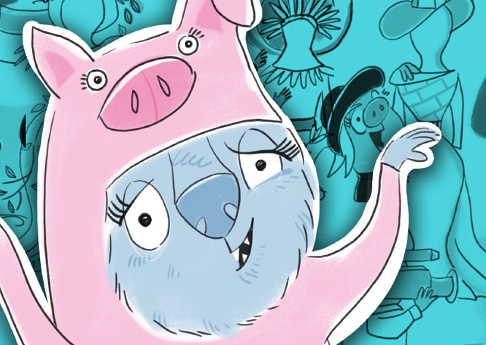 illustration of a blue werewolf in a pink pig costume