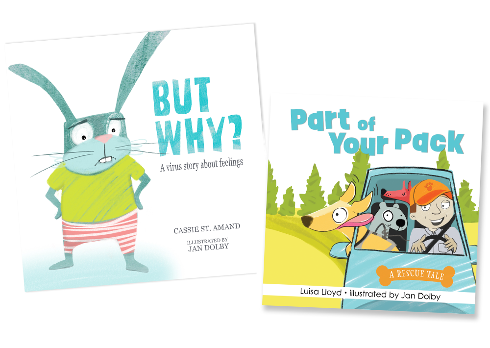 two picture books one with a rabbit cover and one with a rescue dog van full of dogs