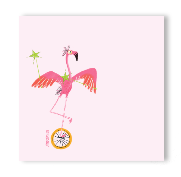 illustration of a pink flamingo on a unicycle