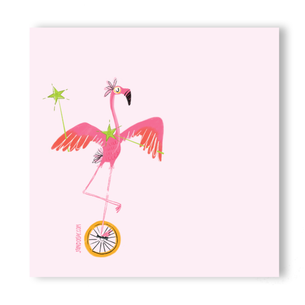 illustration of a pink flamingo on a unicycle