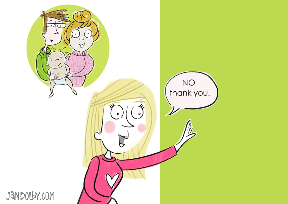 illustration of a family and a mother saying 'no thank you'