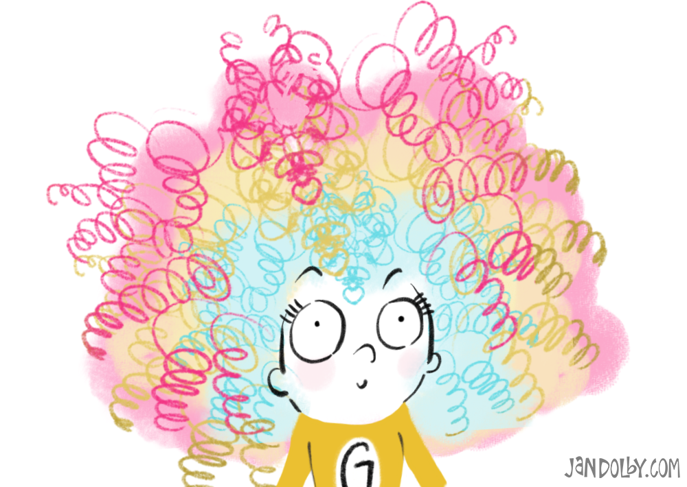 illustration of a girl with very colourful curly hair