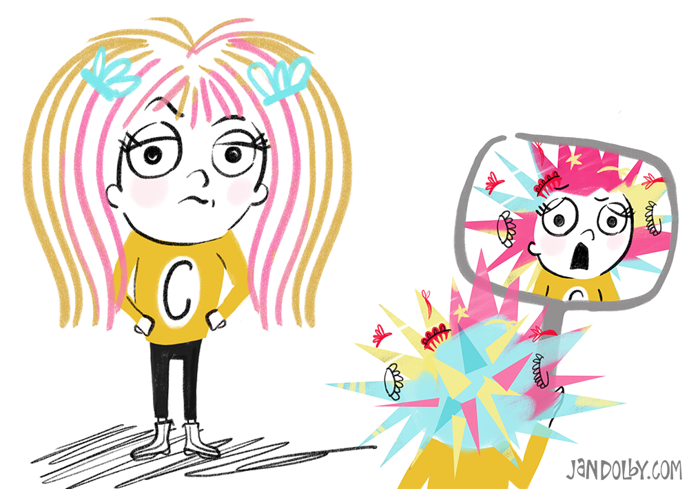 illustration of a girl with straight yellow hair and a girl screaming into a mirror with bad coloured hair