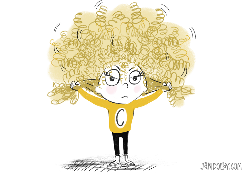 illustration of a girl with crazy yellow curly hair