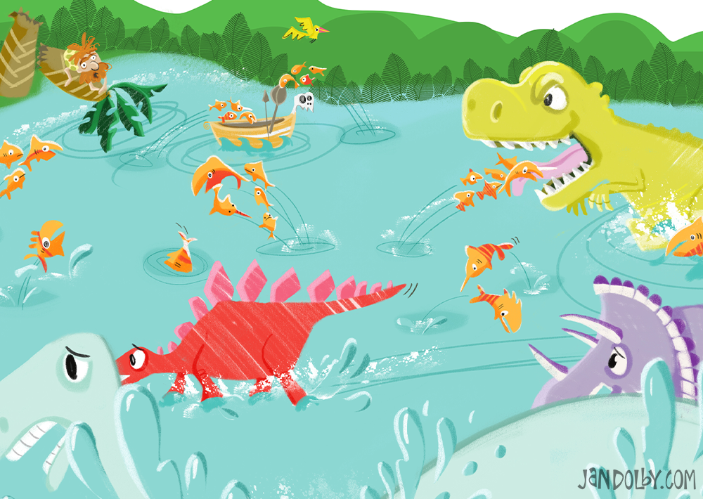 illustration of a bunch of colourful dinosaurs running from a trex in a pond