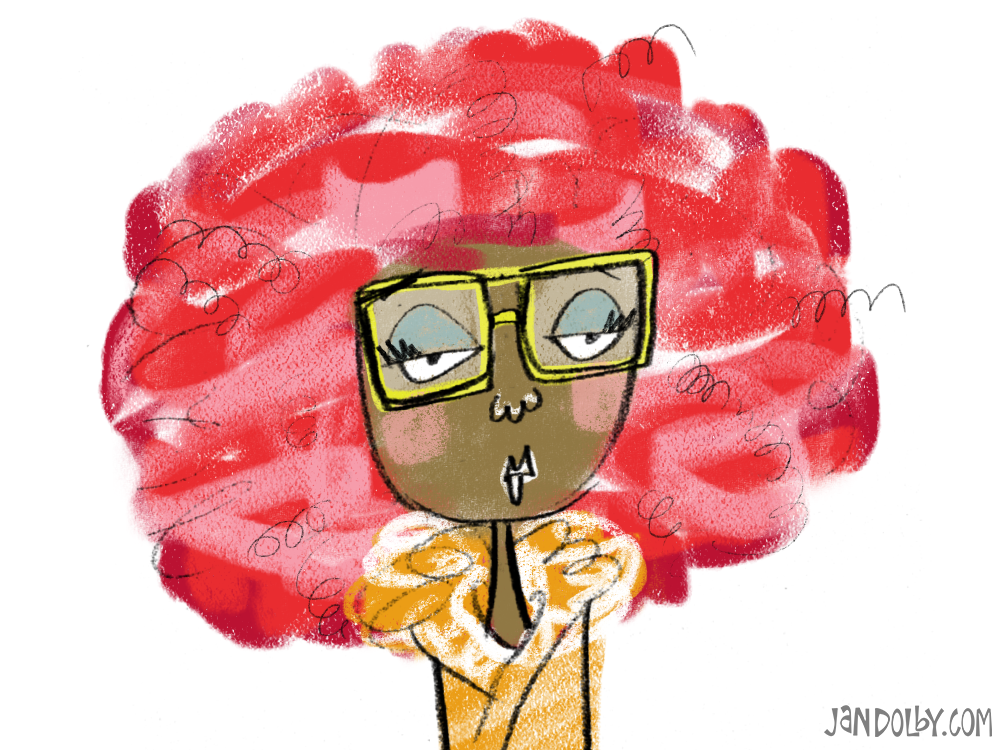 illustration of a girl with a red afro and glasses