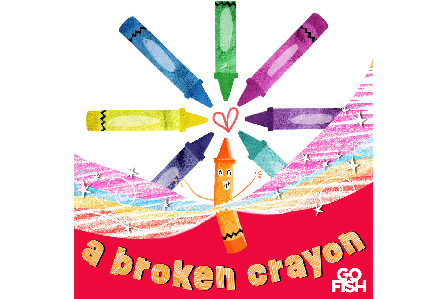 illustration of eight crayons the orange crayon is broken