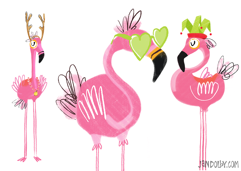 illustration of three pink flamingos one with antlers, one with heart glasses and one with a hat