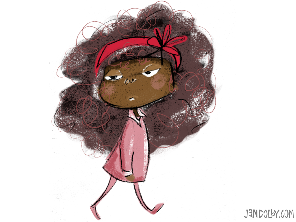 illustration of a girl with a pink ribbon in her hair walking with attitude