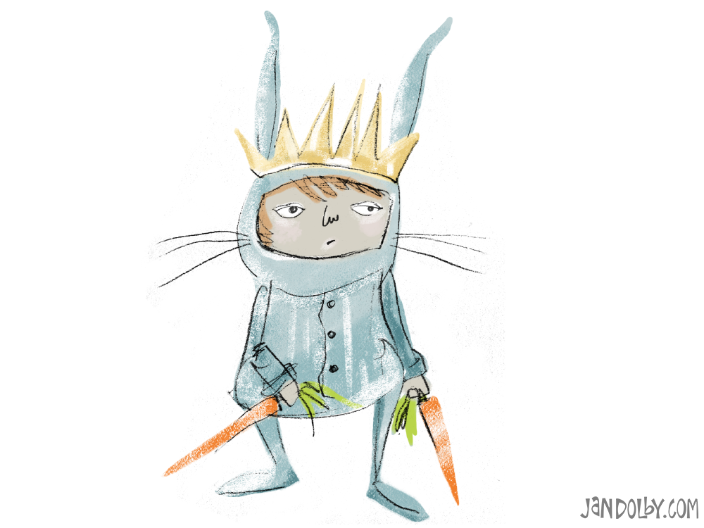 illustration of a little boy in a rabbit costume with a crown on his head holding carrots