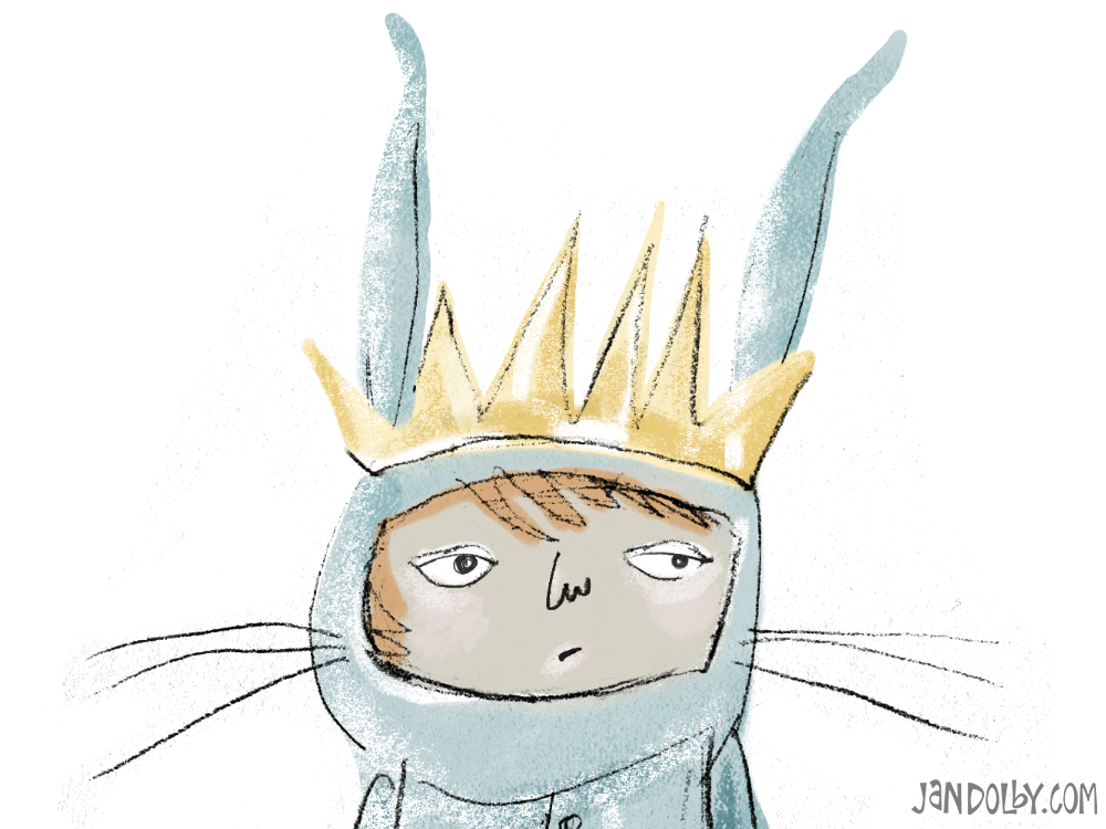 illustration of a little boy in a rabbit costume with a crown on his head