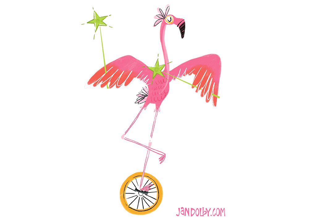 illustration of a pink flamingo riding a unicycle with a magic wand