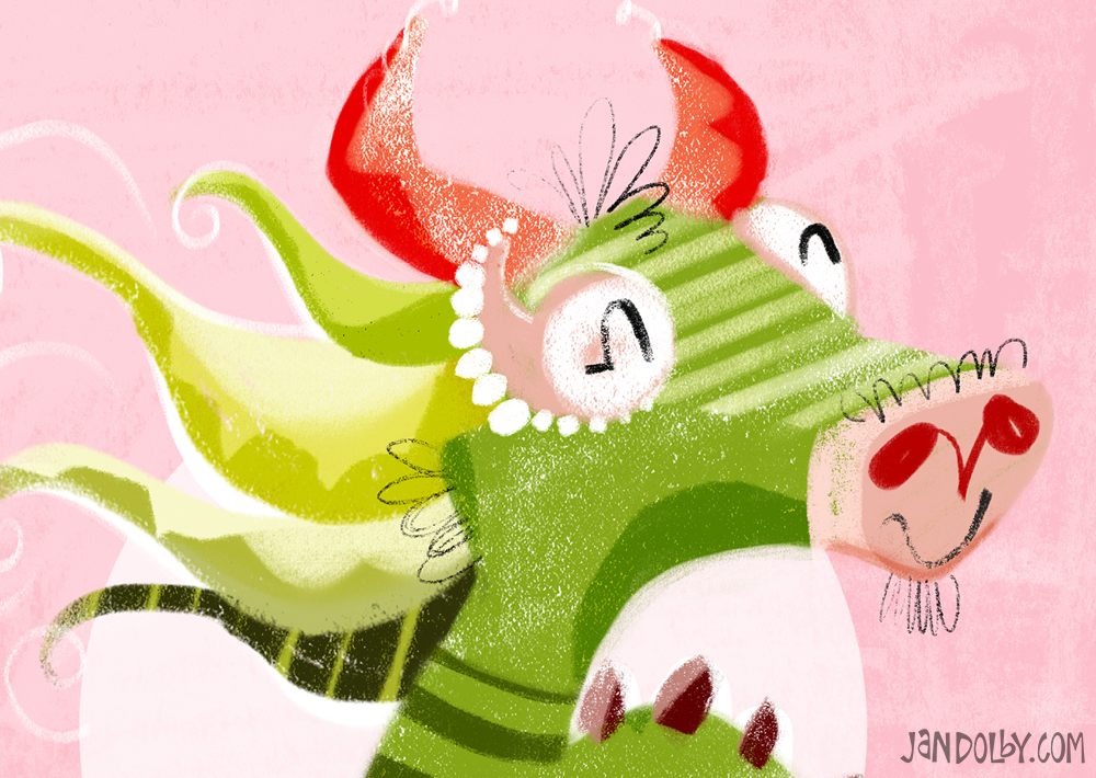 close up illustration of a green dragon's head with red horns