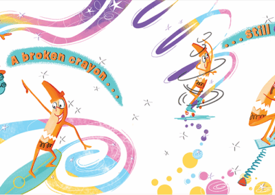 illustrations of 4 broken crayons skateboarding, surfing, rollerskating and pogo sticking