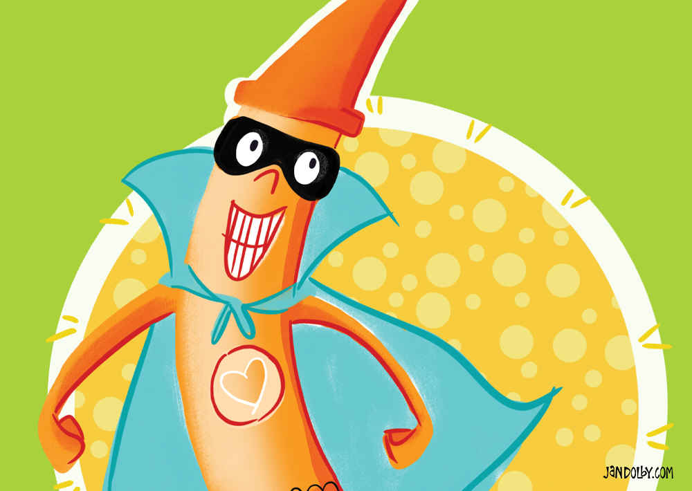 A Broken Crayon hero by Jan Dolby illustration of an orange super hero crayon