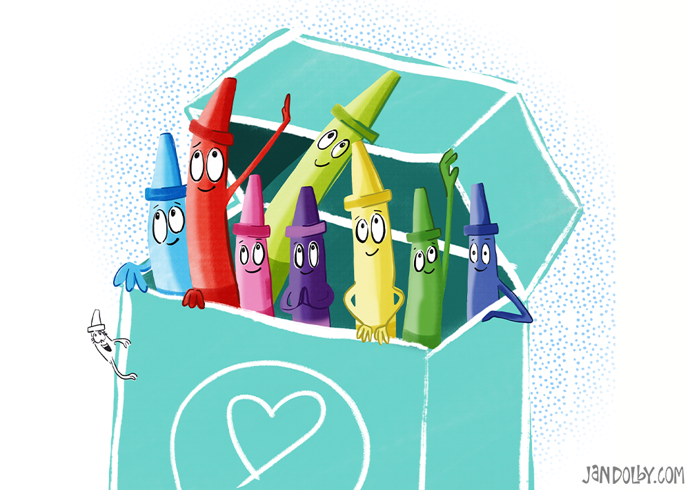 illustration of a teal box of funny crayon people