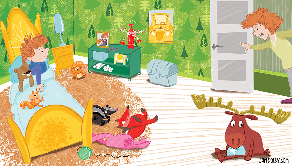 I Drove my Bed to Grandmas House illustrated by Jan Dolby 5 illustration of a little boys messy room and a mother asking him to nap