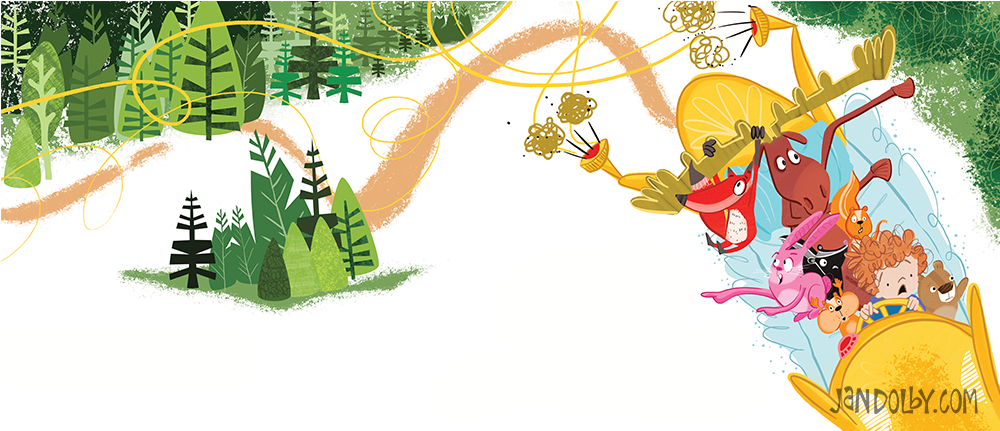 I Drove my Bed to Grandmas House illustrated by Jan Dolby illustration of a little boy driving a bed full of animals through a forest