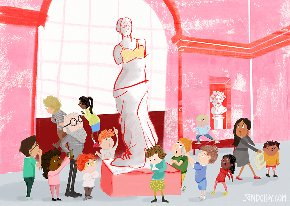 kids at the museum illustrated by Jan Dolby close up of illustrated students