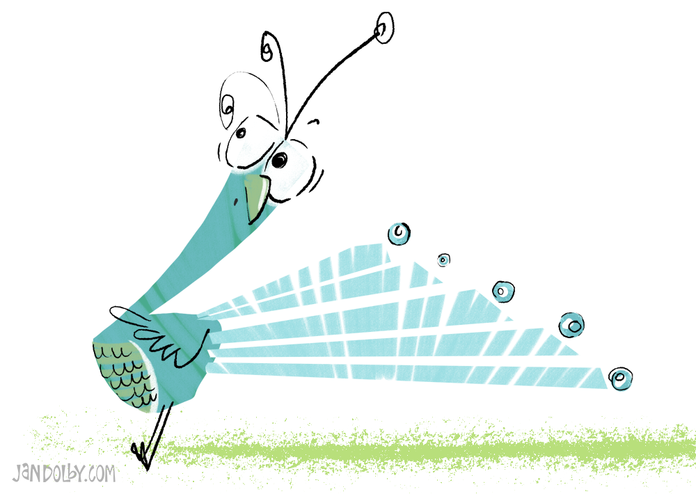 illustration of a blue peacock putting on the brakes