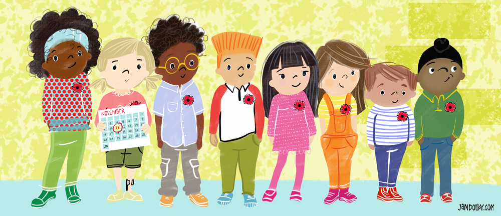 illustration of a group of young diverse kids standing in a line