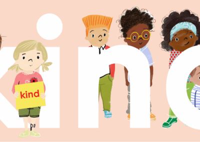 illustration of a group of young diverse kids standing with the word kind