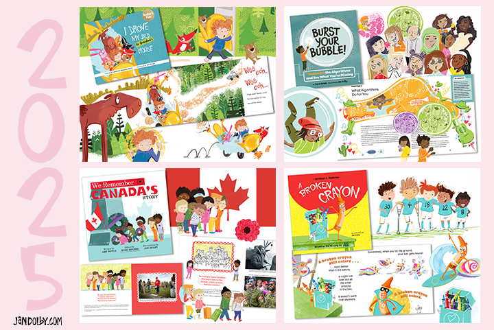 four squares of book project illustrations by Jan Dolby