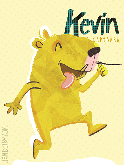 illustration of a yellow capybara running with a pink tongue hanging out of it's mouth