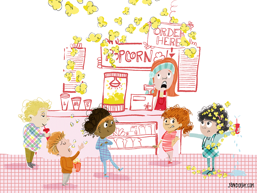illustration of a group of kids at the popcorn counter at the movies